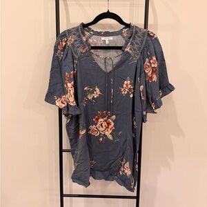 Maurices Slate Blue Floral Blouse with Ruffles